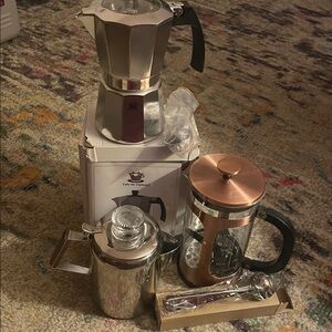 Stainless Steel Espresso Maker and Copper French Press Set